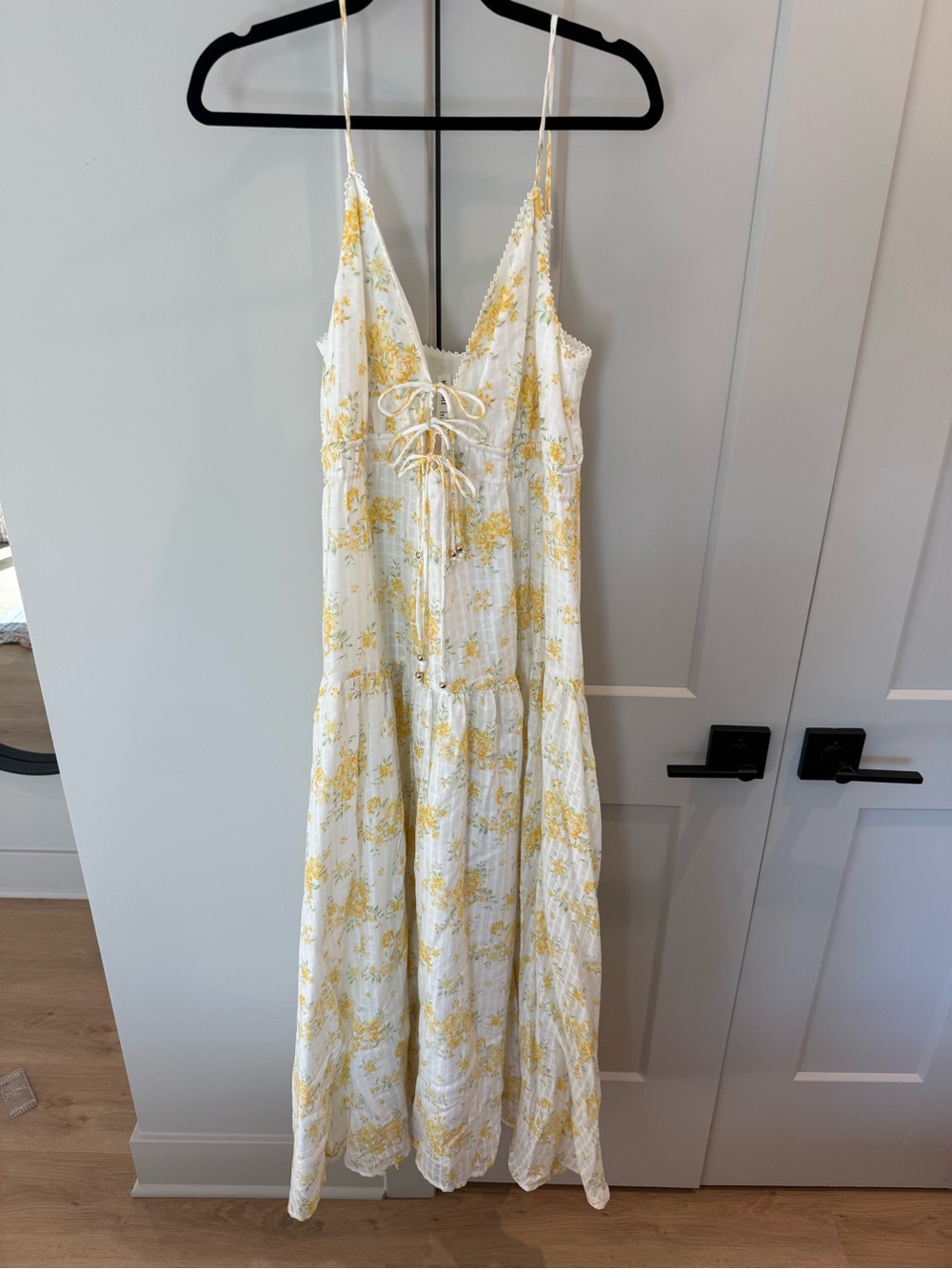 Kivari Yellow Floral Lace-Up Spaghetti-Strap Maxi Dress